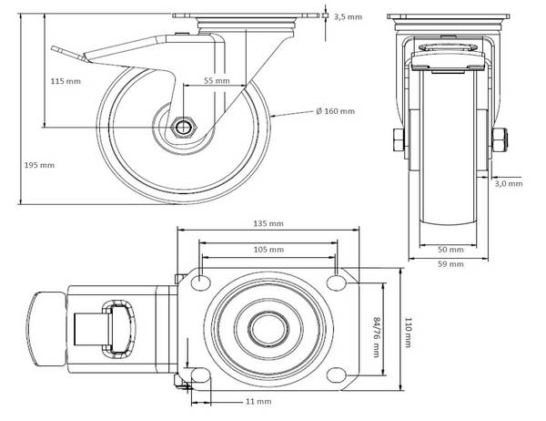 Rollensatz 2 Lenkrollen mit Feststeller + 2 Lenkrollen 160 mm Polypropylen