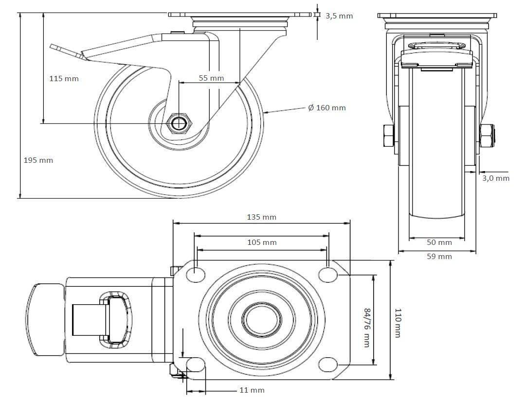 Rollensatz 2 Lenkrollen mit Feststeller + 2 Lenkrollen 160 mm Polypropylen-1