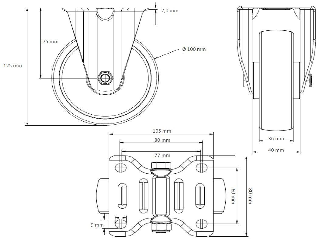 Rollensatz 2 Lenkrollen mit Feststeller + 2 Bockrollen 100 mm Polypropylen-1