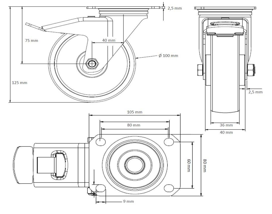 Rollensatz 2 Lenkrollen mit Feststeller + 2 Bockrollen 100 mm Polypropylen-2