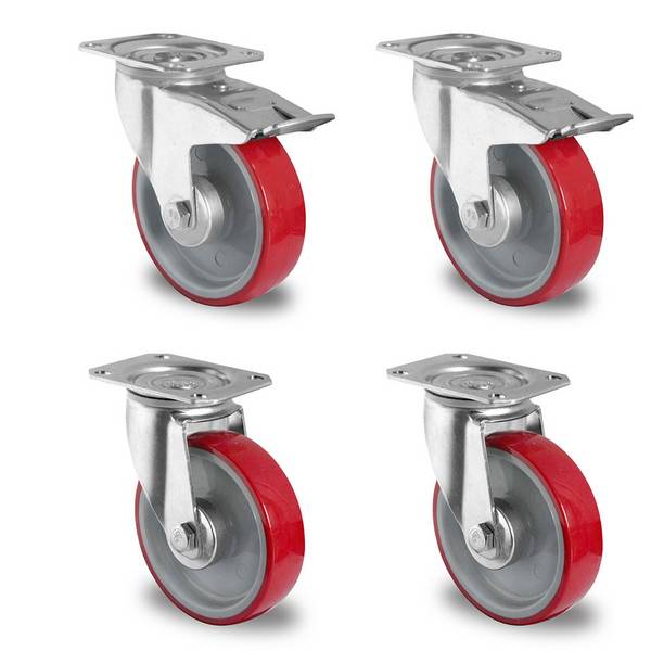 Rollensatz 2 Lenkrollen mit Feststeller + 2 Lenkrollen 160 mm Polyurethan rot