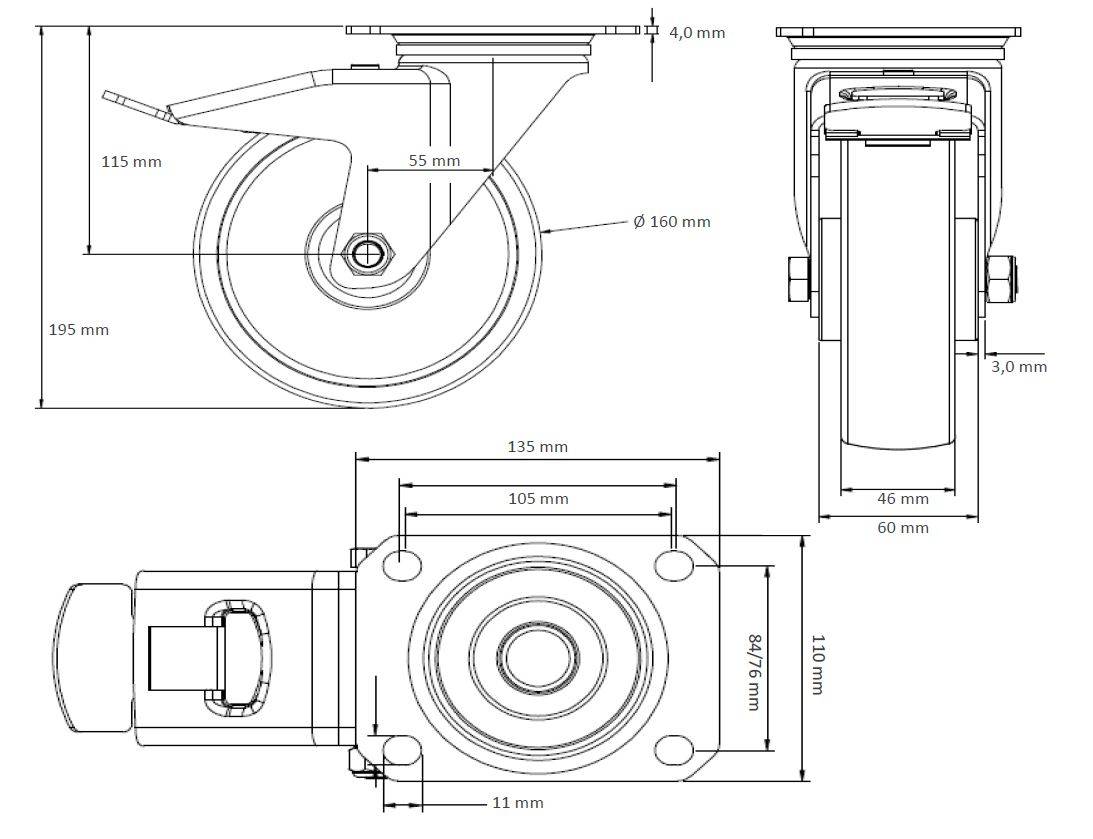 Rollensatz 2 Lenkrollen mit Feststeller + 2 Lenkrollen 160 mm Polyurethan rot-4