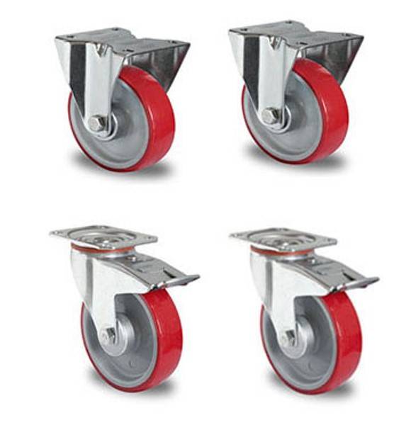 Rollensatz 2 Lenkrollen mit Feststeller + 2 Bockrollen 125 mm Polyurethan rot-4
