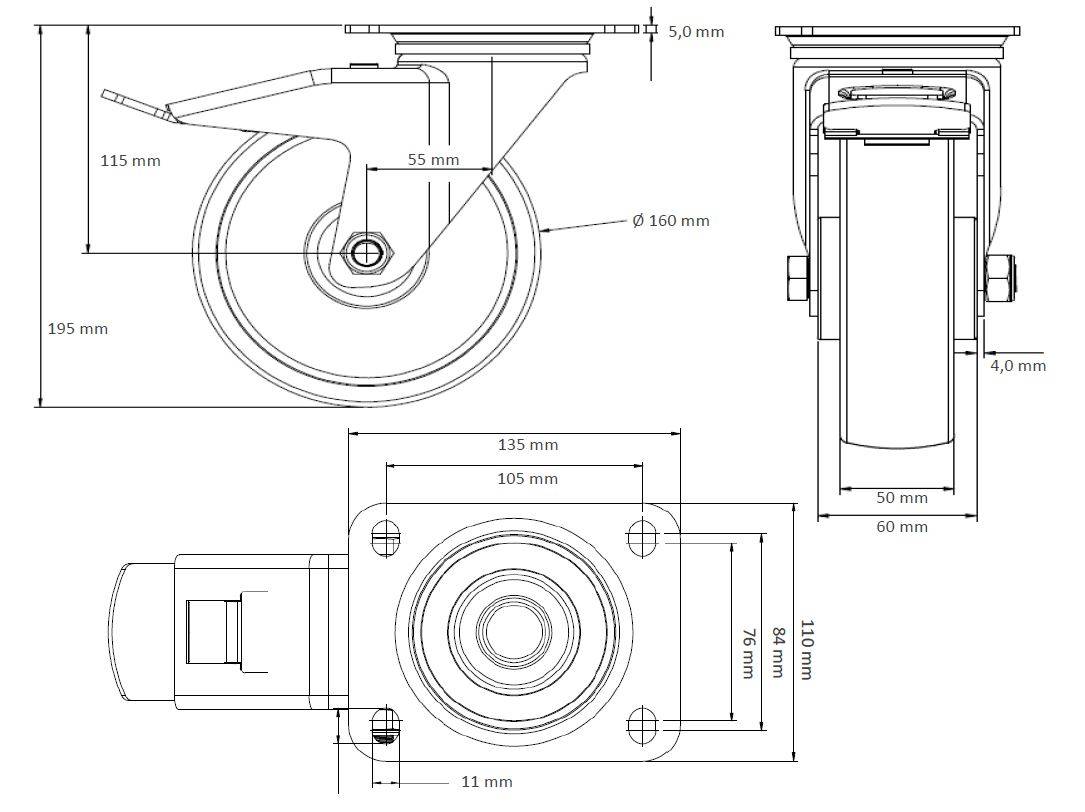 Rollensatz 2 Lenkrollen mit Feststeller + 2 Bockrollen 160 mm Polyurethan "Schwerlast"-1