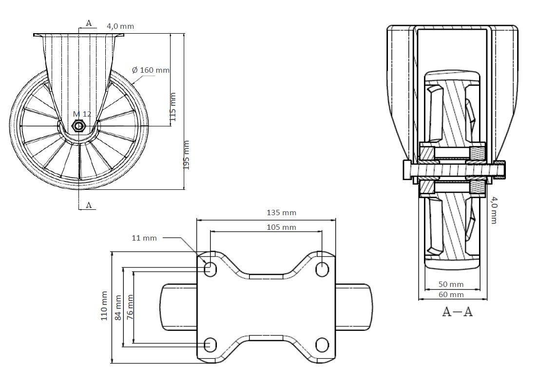 Rollensatz 2 Lenkrollen mit Feststeller + 2 Bockrollen 160 mm Polyurethan "Schwerlast"-2