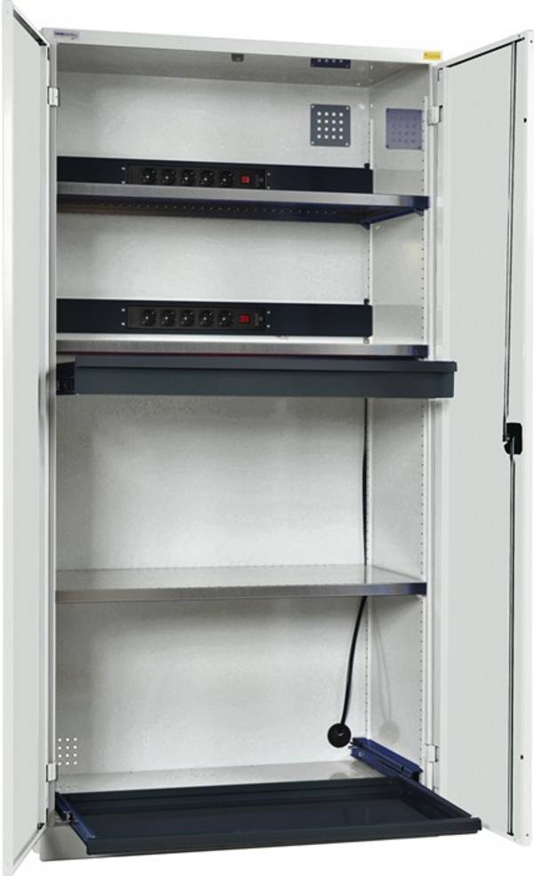Elektro-Flügeltürenschrank H1995xB1000xT580mm lichtgrau 3BD 1Schubl.Vollblechtür