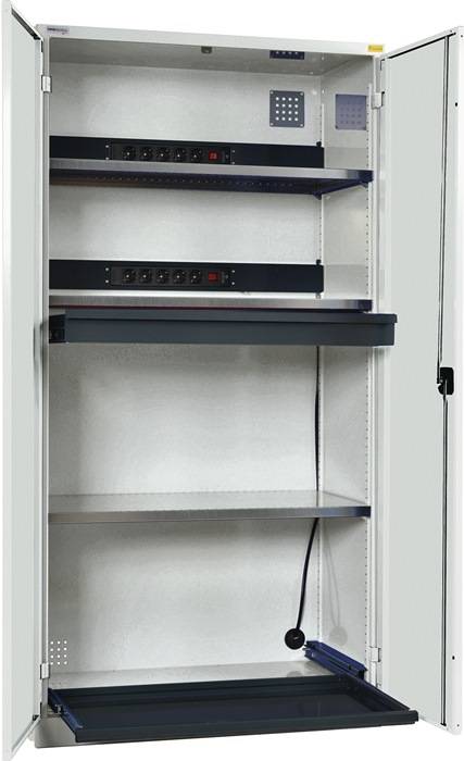 Elektro-Flügeltürenschrank H1995xB1000xT580mm lichtgrau 3BD 1Schubl.Vollblechtür-0