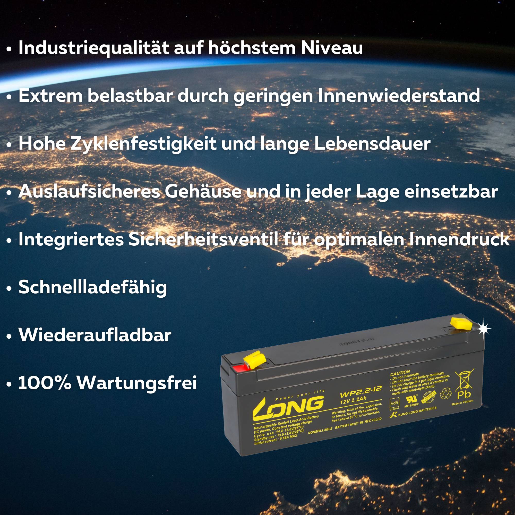 Kung Long WP2.2-12 AGM Akku 12V 2,2Ah – passend für LC-R122R2PG | VdS-Ausführung-0
