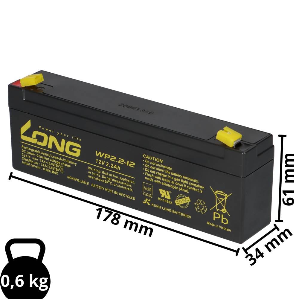 Kung Long WP2.2-12 AGM Akku 12V 2,2Ah – passend für LC-R122R2PG | VdS-Ausführung-2