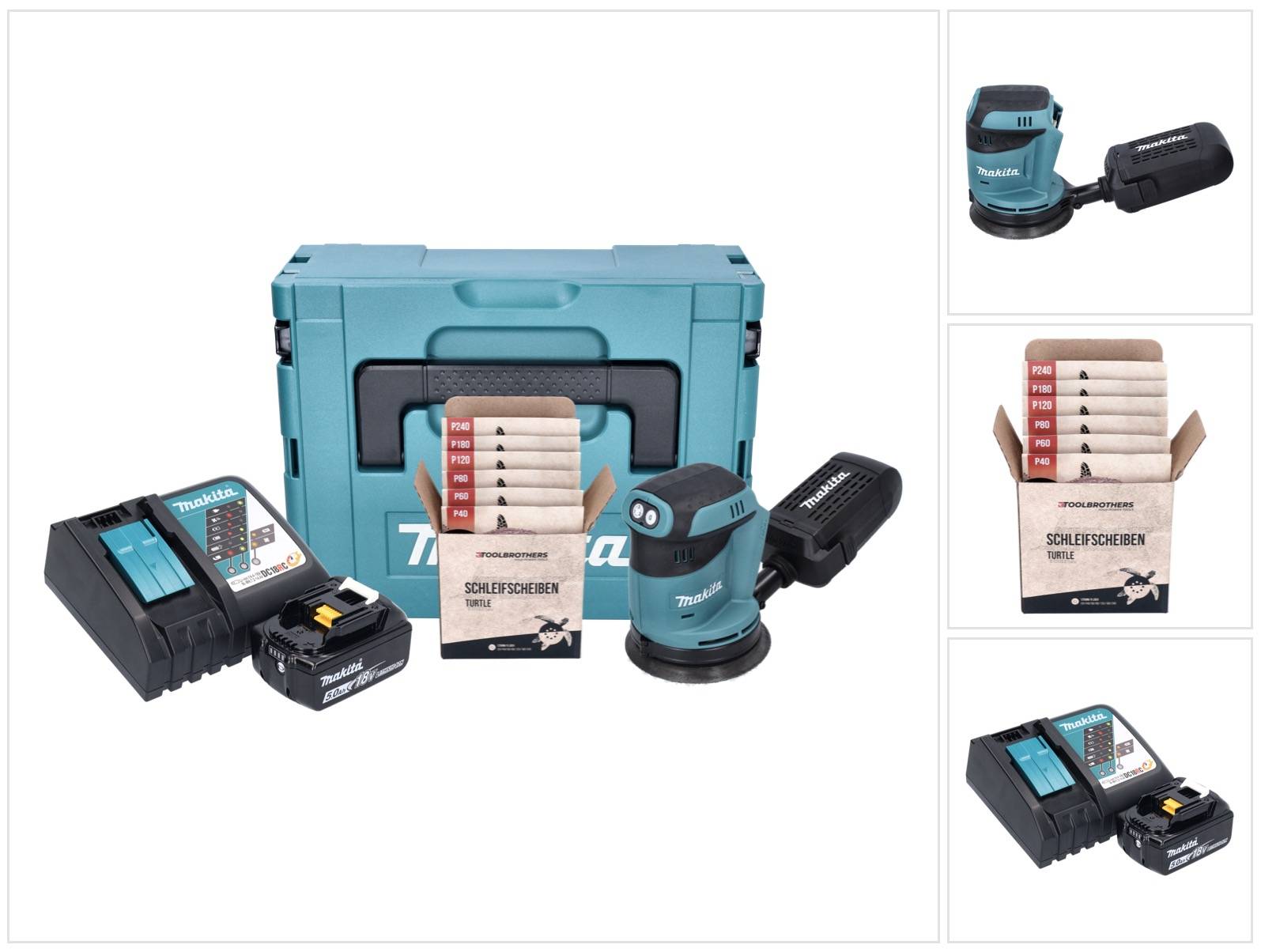 Makita DBO 180 RT1J Akku Exzenterschleifer 18 V 125 mm + 1x Akku 5,0 Ah + Ladegerät + Toolbrothers TURTLE-0