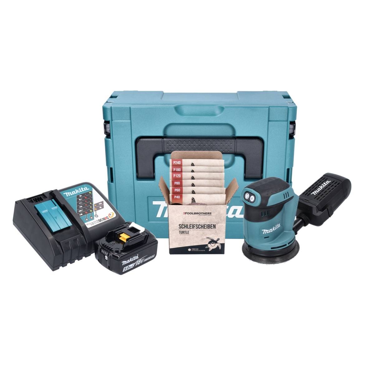 Makita DBO 180 RT1J Akku Exzenterschleifer 18 V 125 mm + 1x Akku 5,0 Ah + Ladegerät + Toolbrothers TURTLE-1