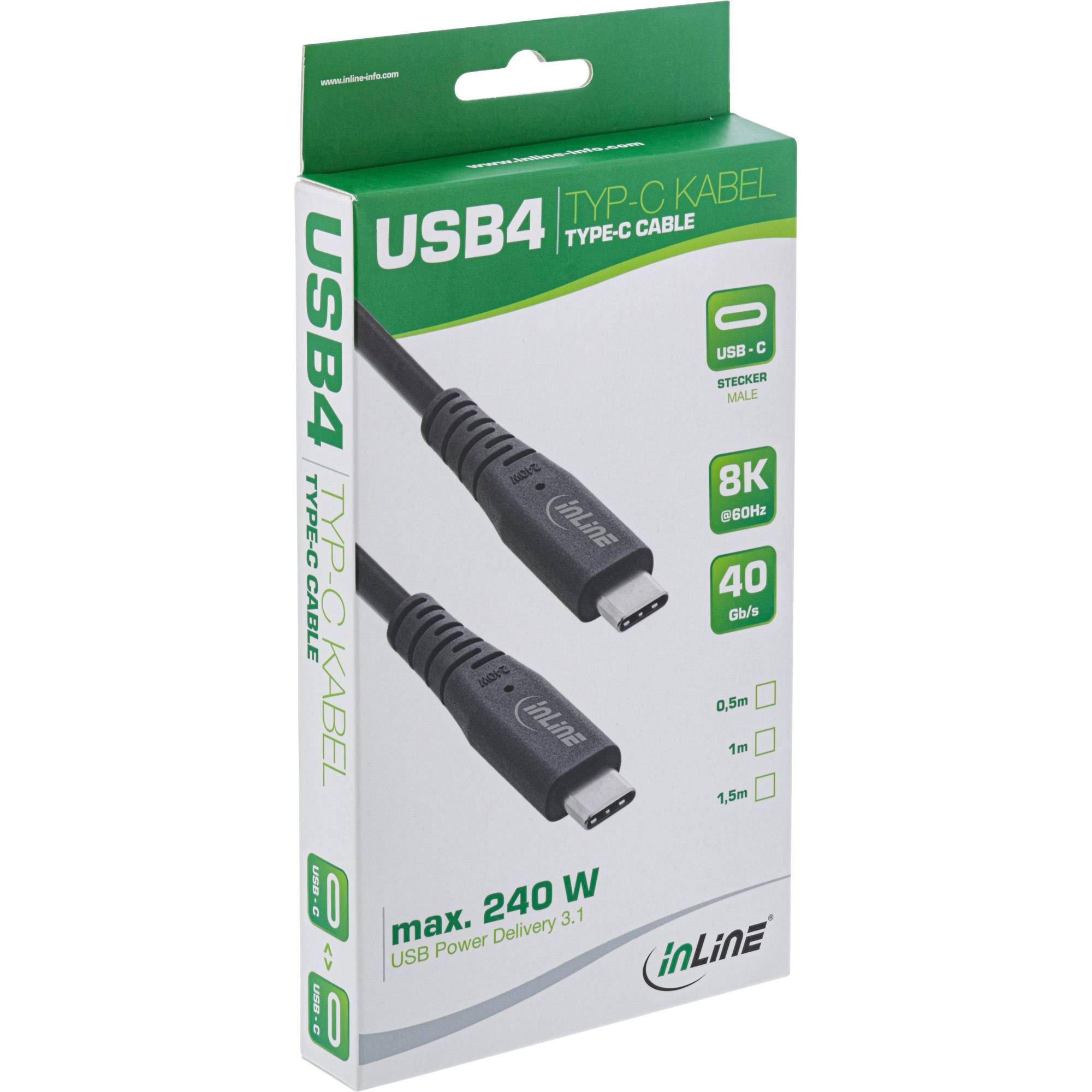 InLine® USB4 Kabel, USB-C ST/ST, PD 240W, 8K60Hz, TPE schwarz, 1,5m-1