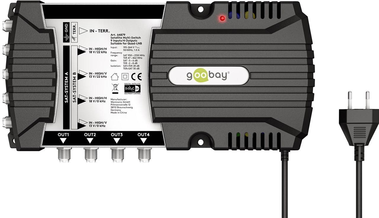 Goobay Sat-Multischalter 9 Eingänge/4 Ausgänge - Verteiler für max. 4 Teilnehmer von zwei Satelliten-1