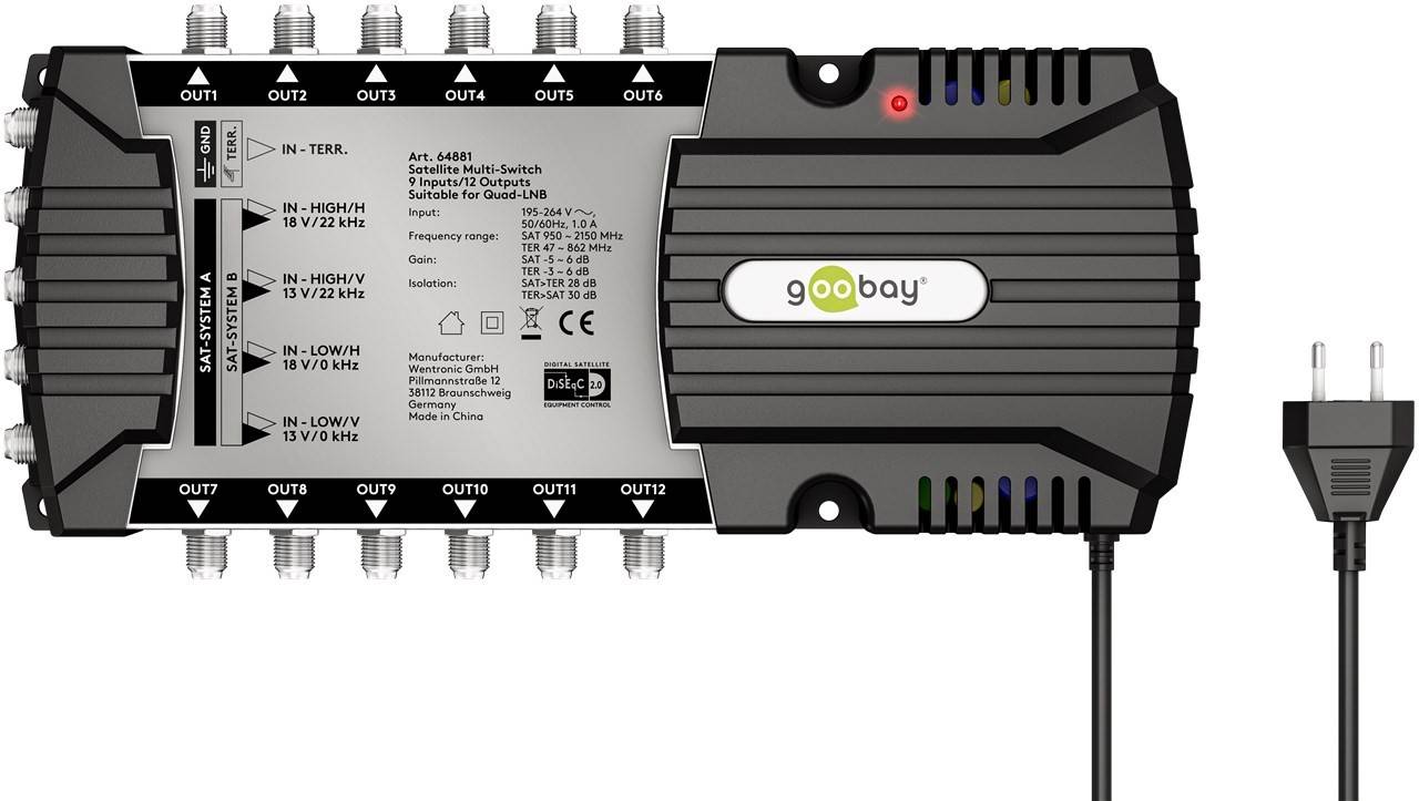 Goobay Sat-Multischalter 9 Eingänge/12 Ausgänge - Verteiler für max. 12 Teilnehmer von zwei Satelliten-1