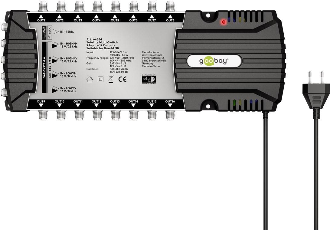 Goobay Sat-Multischalter 9 Eingänge/16 Ausgänge - Verteiler für max. 16 Teilnehmer von zwei Satelliten-1