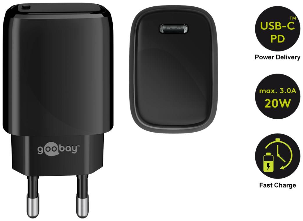 Goobay 65405 USB-C Netzteil 20W Power Delivery Charger / Universal Ladegerät Handy & Tablet / Mini GaN Adapter / Schwarz-1