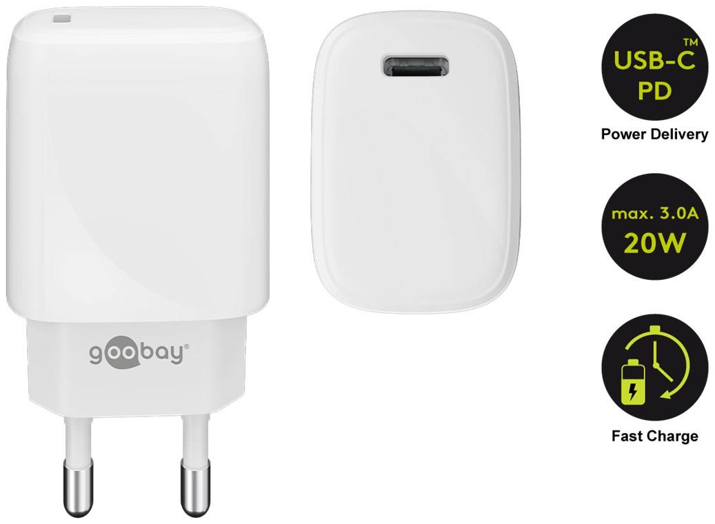 Goobay 65406 USB-C Netzteil 20W / Power Delivery Charger / Universal Ladegerät Handy & Tablet / Mini GaN Adapter / Weiß-1