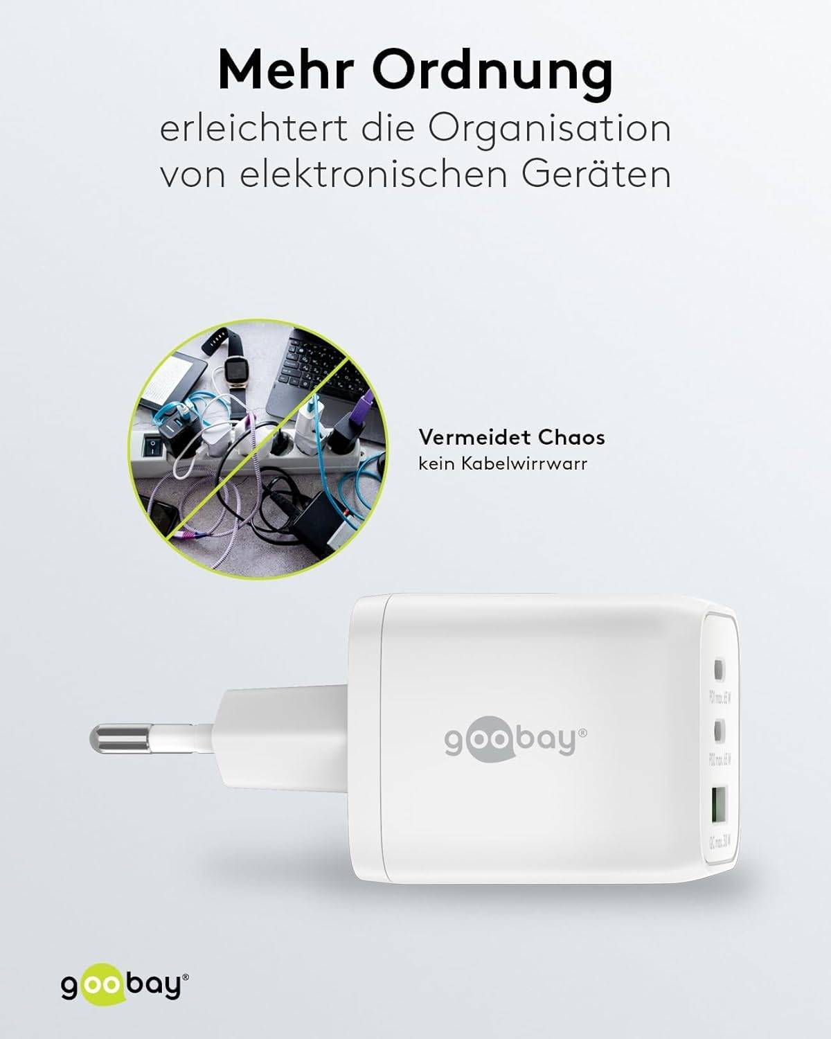Goobay 64754 Nano USB Netzteil 65W, Power Delivery Charger, 3 Port Universal Ladegerät, USB-C & USB-A Adapter, Weiß-5