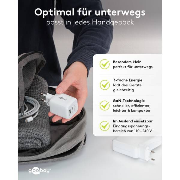 Goobay Nano USB Netzteil 65W, Power Delivery Charger, 3 Port Universal Ladegerät, USB-C & USB-A Adapter, Weiß-6