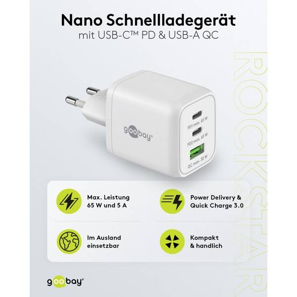 Goobay Nano USB Netzteil 65W, Power Delivery Charger, 3 Port Universal Ladegerät, USB-C & USB-A Adapter, Weiß-1
