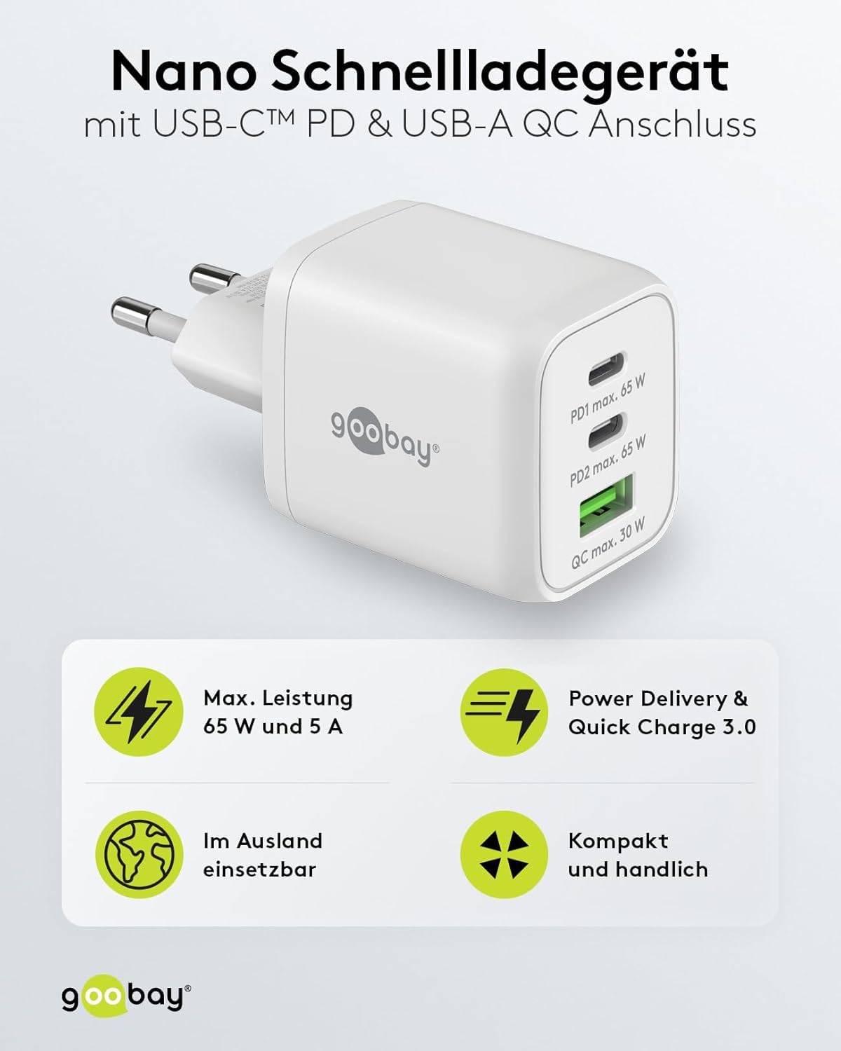 Goobay 64754 Nano USB Netzteil 65W, Power Delivery Charger, 3 Port Universal Ladegerät, USB-C & USB-A Adapter, Weiß-2