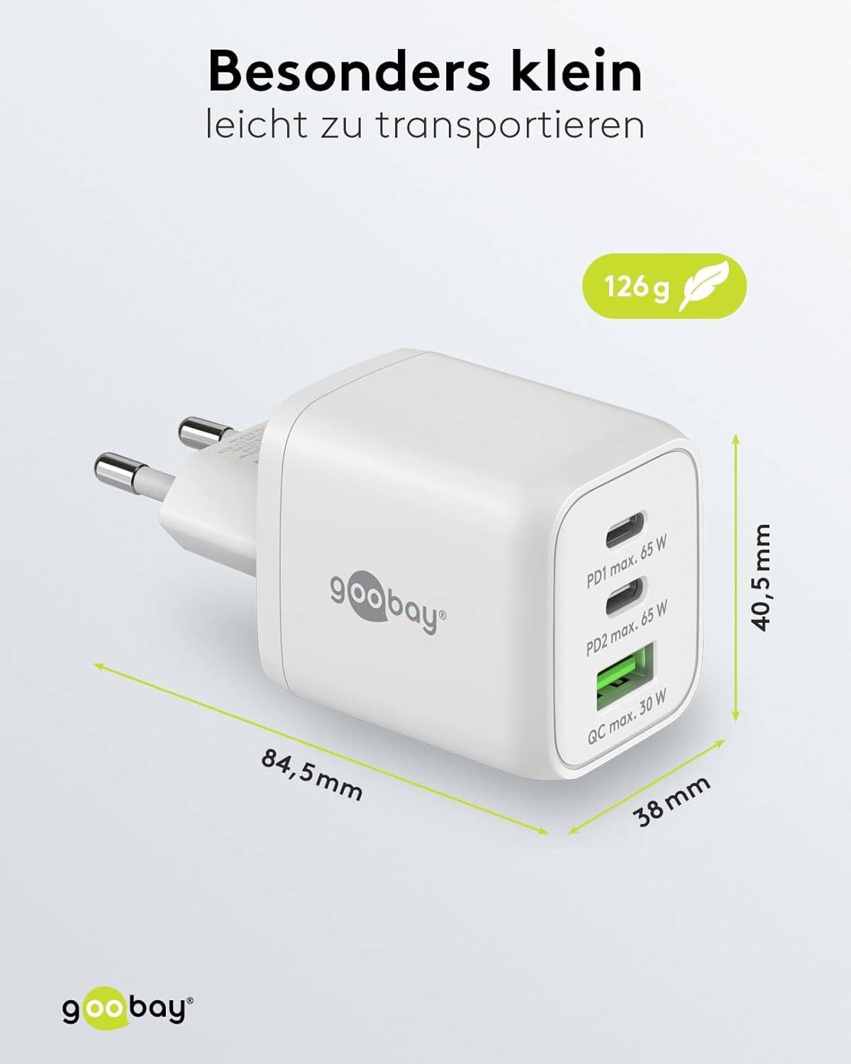 Goobay 64754 Nano USB Netzteil 65W, Power Delivery Charger, 3 Port Universal Ladegerät, USB-C & USB-A Adapter, Weiß-3