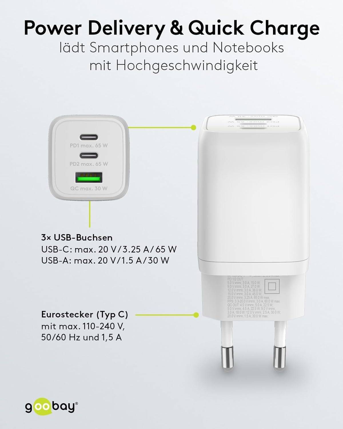 Goobay 64754 Nano USB Netzteil 65W, Power Delivery Charger, 3 Port Universal Ladegerät, USB-C & USB-A Adapter, Weiß-4