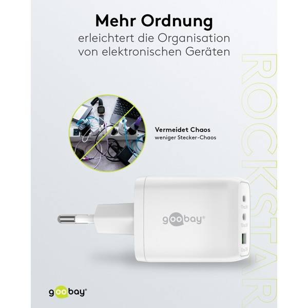 Goobay Nano USB Netzteil 65W, Power Delivery Charger, 3 Port Universal Ladegerät, USB-C & USB-A Adapter, Weiß-4
