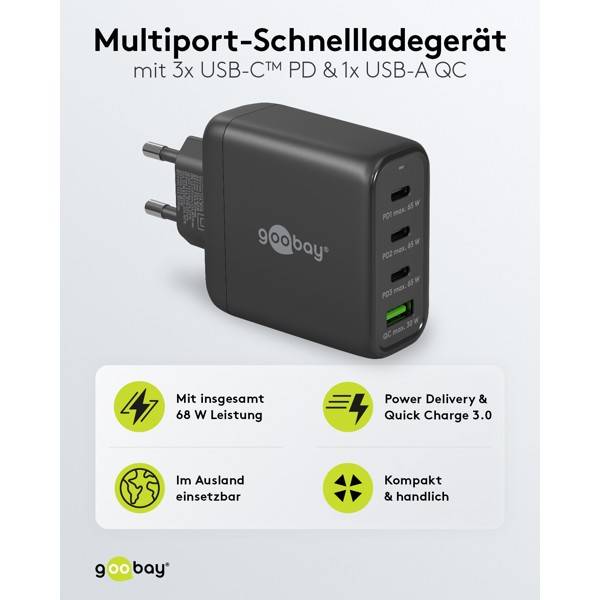 Goobay USB-C Ladegerät 68W, PD Fast Charger, Multiport Universal USB-C Schnellladegerät Laptop Handy, Schwarz-1