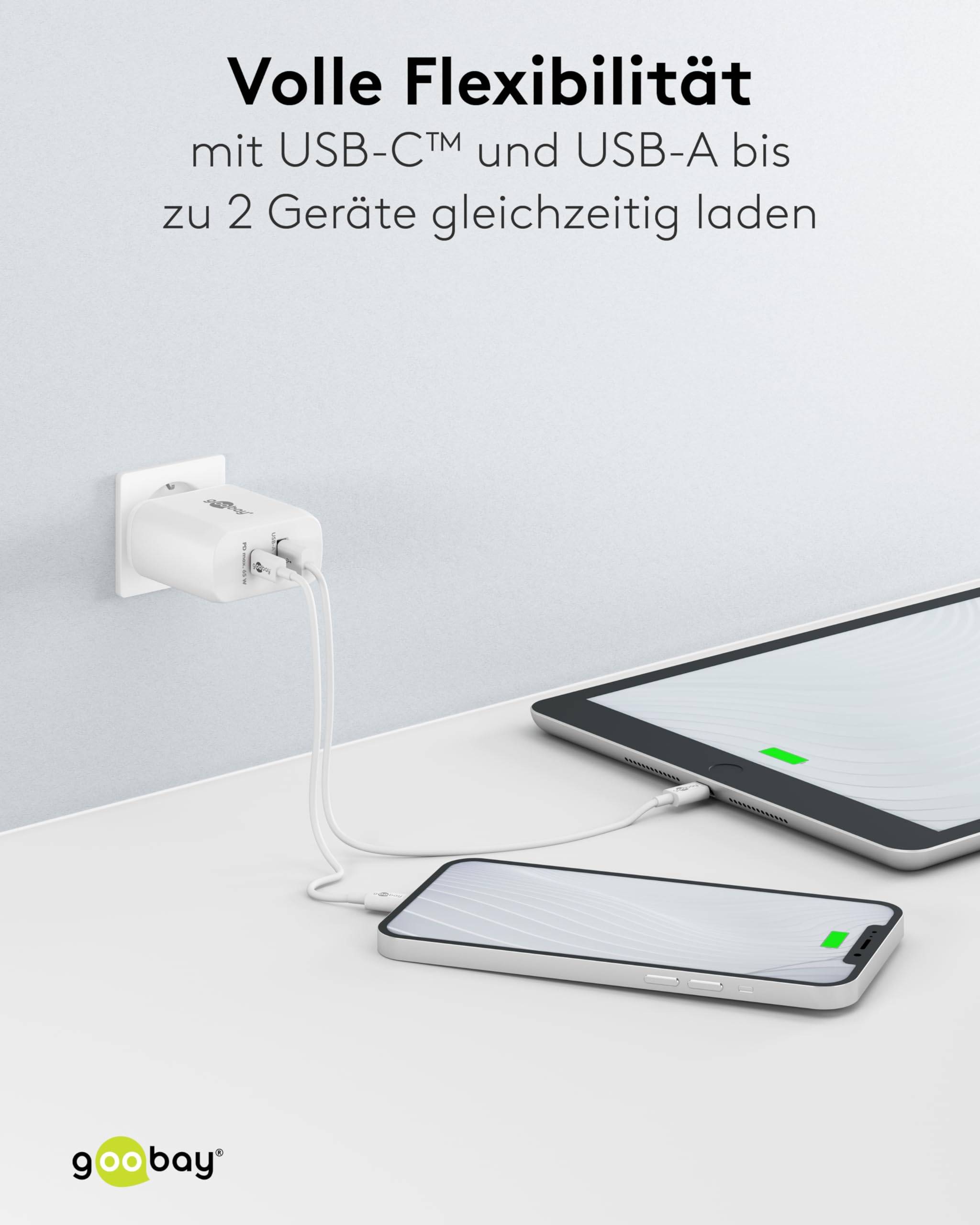 Goobay 65410 USB Netzteil 65W Schnellladegerät PD, 2fach Port 1x USB-C & 1x USB-A, Mini GaN Adapter Ladegerät, Weiß-5