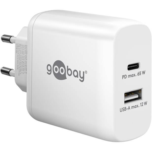 Goobay USB Netzteil 65W Schnellladegerät PD, 2fach Port 1x USB-C & 1x USB-A, Mini GaN Adapter Ladegerät, Weiß-0