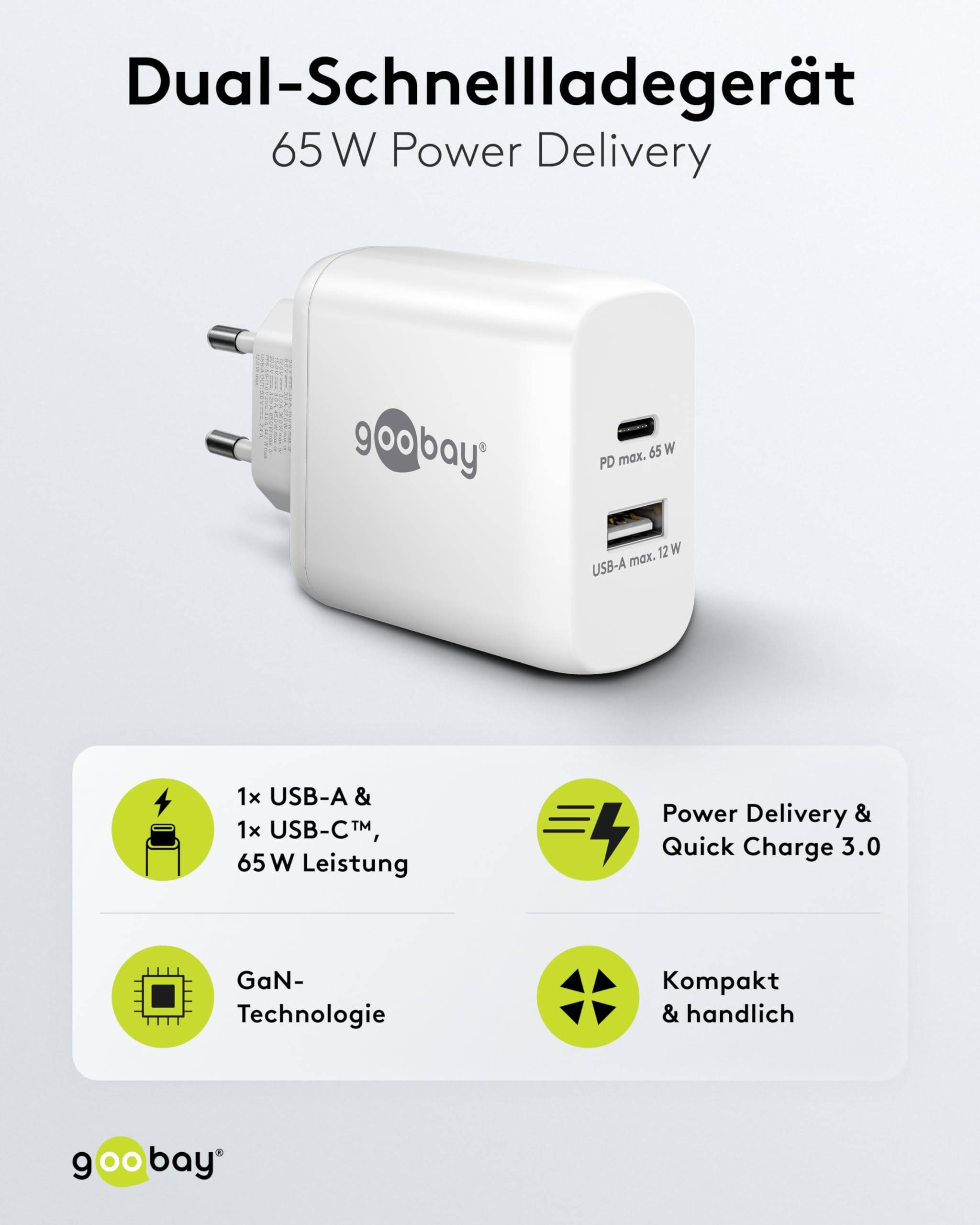 Goobay 65410 USB Netzteil 65W Schnellladegerät PD, 2fach Port 1x USB-C & 1x USB-A, Mini GaN Adapter Ladegerät, Weiß-1
