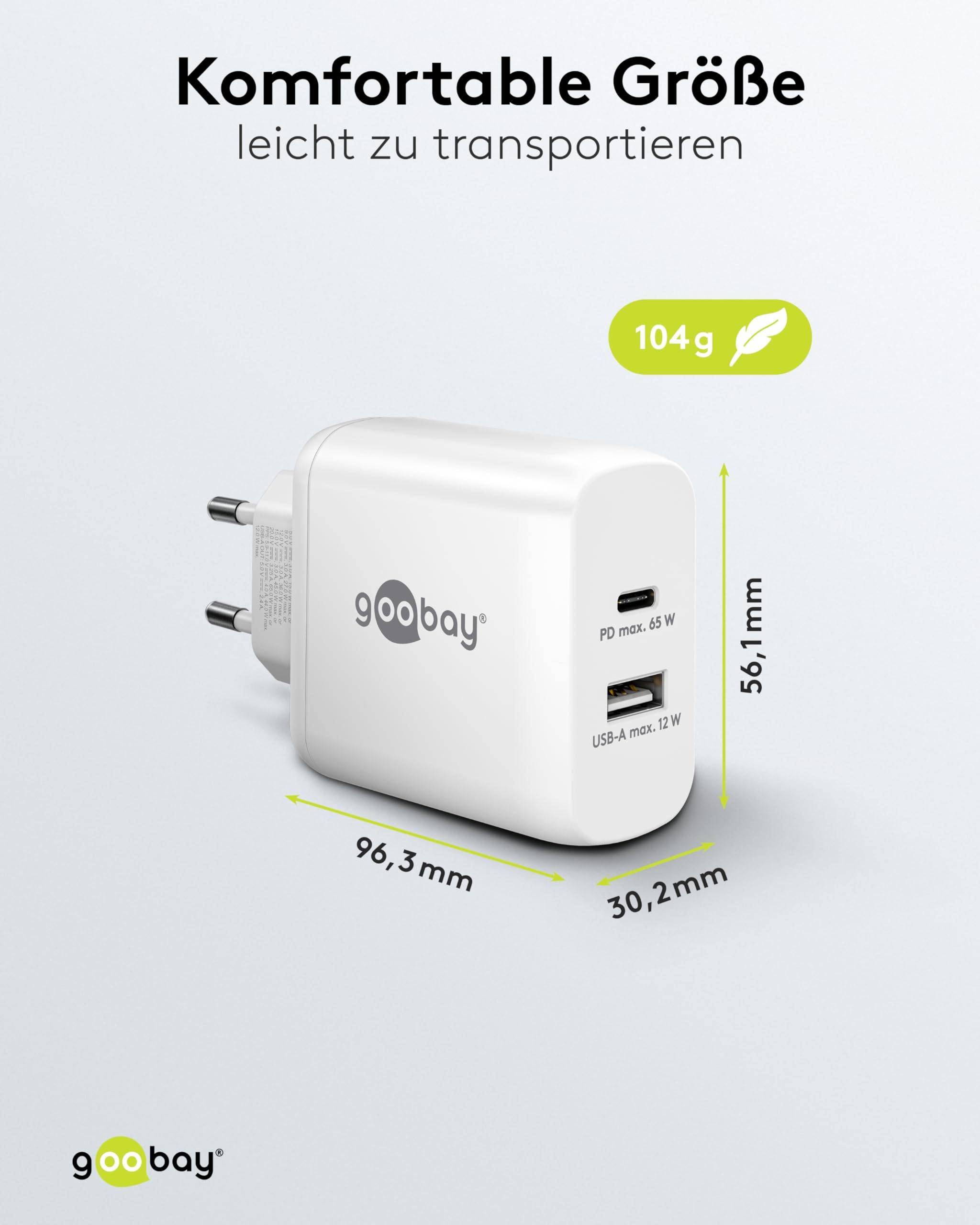 Goobay 65410 USB Netzteil 65W Schnellladegerät PD, 2fach Port 1x USB-C & 1x USB-A, Mini GaN Adapter Ladegerät, Weiß-2
