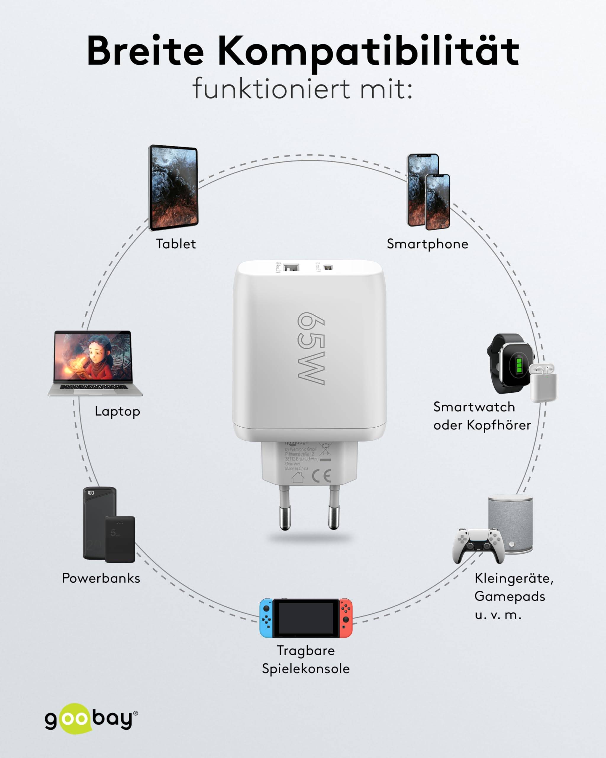 Goobay 65410 USB Netzteil 65W Schnellladegerät PD, 2fach Port 1x USB-C & 1x USB-A, Mini GaN Adapter Ladegerät, Weiß-3