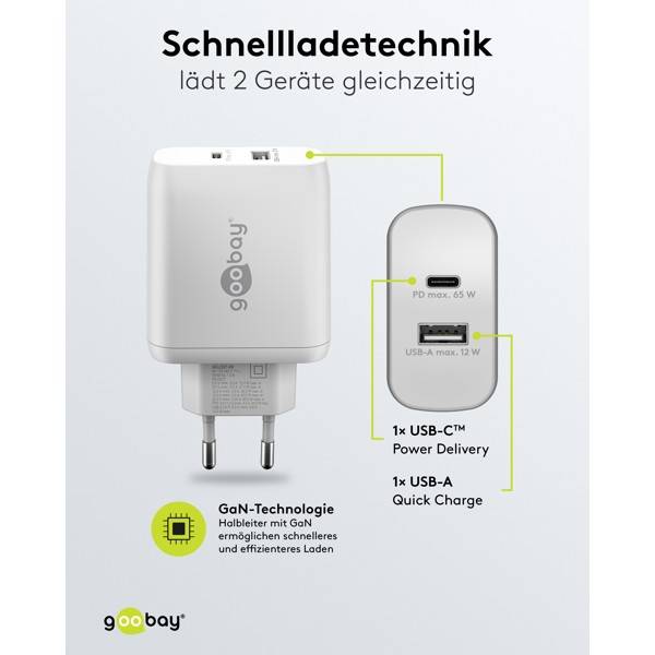 Goobay USB Netzteil 65W Schnellladegerät PD, 2fach Port 1x USB-C & 1x USB-A, Mini GaN Adapter Ladegerät, Weiß-3