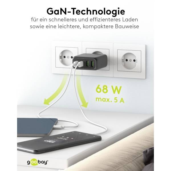 Goobay USB-C Ladegerät 68W, Fast Charger, Multiport Schnellladegerät 2x USB-C & 2x USB-A Laptop Handy, Schwarz-5