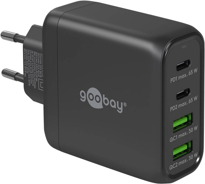 Goobay 64817 USB-C Ladegerät 68W, Fast Charger, Multiport Schnellladegerät 2x USB-C & 2x USB-A Laptop Handy, Schwarz