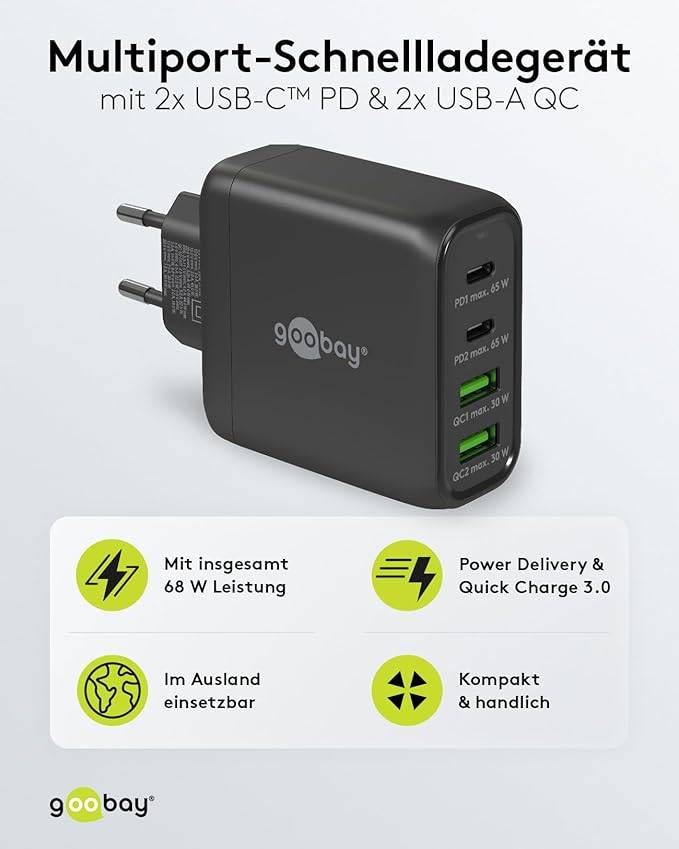 Goobay 64817 USB-C Ladegerät 68W, Fast Charger, Multiport Schnellladegerät 2x USB-C & 2x USB-A Laptop Handy, Schwarz-1