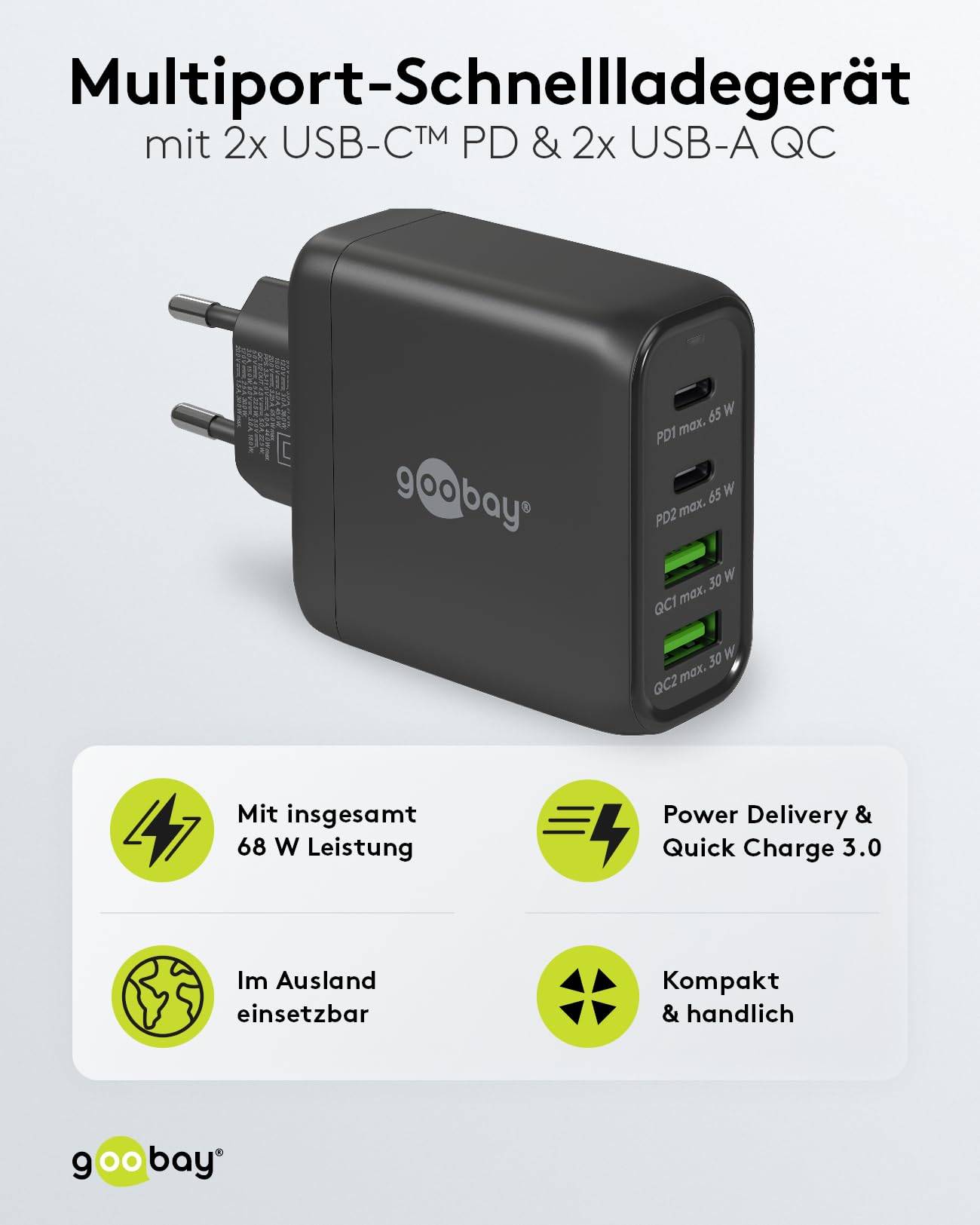 Goobay 64817 USB-C Ladegerät 68W, Fast Charger, Multiport Schnellladegerät 2x USB-C & 2x USB-A Laptop Handy, Schwarz-1