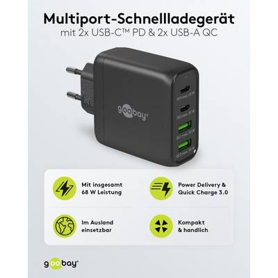 Goobay USB-C Ladegerät 68W, Fast Charger, Multiport Schnellladegerät 2x USB-C & 2x USB-A Laptop Handy, Schwarz-1
