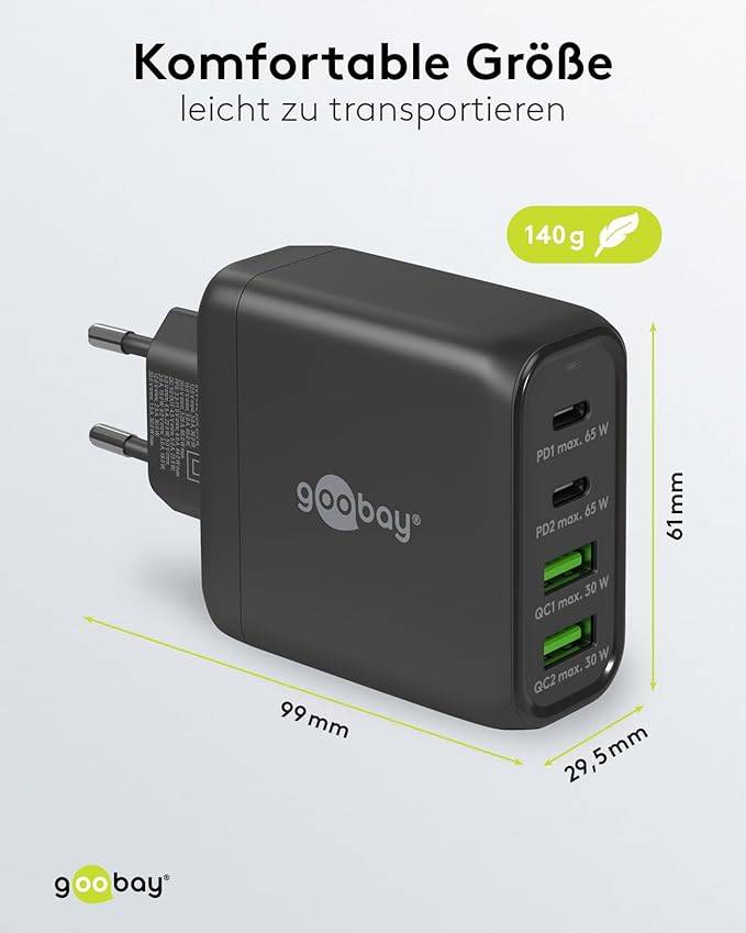 Goobay 64817 USB-C Ladegerät 68W, Fast Charger, Multiport Schnellladegerät 2x USB-C & 2x USB-A Laptop Handy, Schwarz-2