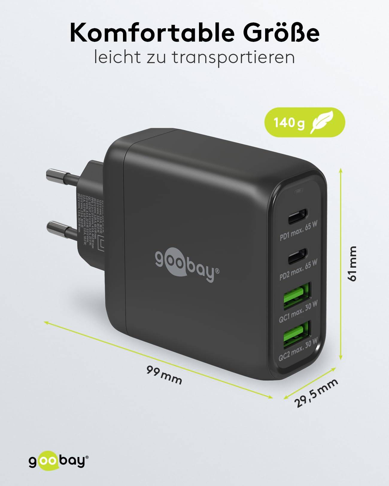 Goobay 64817 USB-C Ladegerät 68W, Fast Charger, Multiport Schnellladegerät 2x USB-C & 2x USB-A Laptop Handy, Schwarz-2