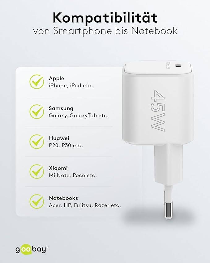 Goobay 65332 Nano USB-C Netzteil 45W / Power Delivery Charger / Universal Ladegerät Handy / USB Typ C Adapter / Weiß-6