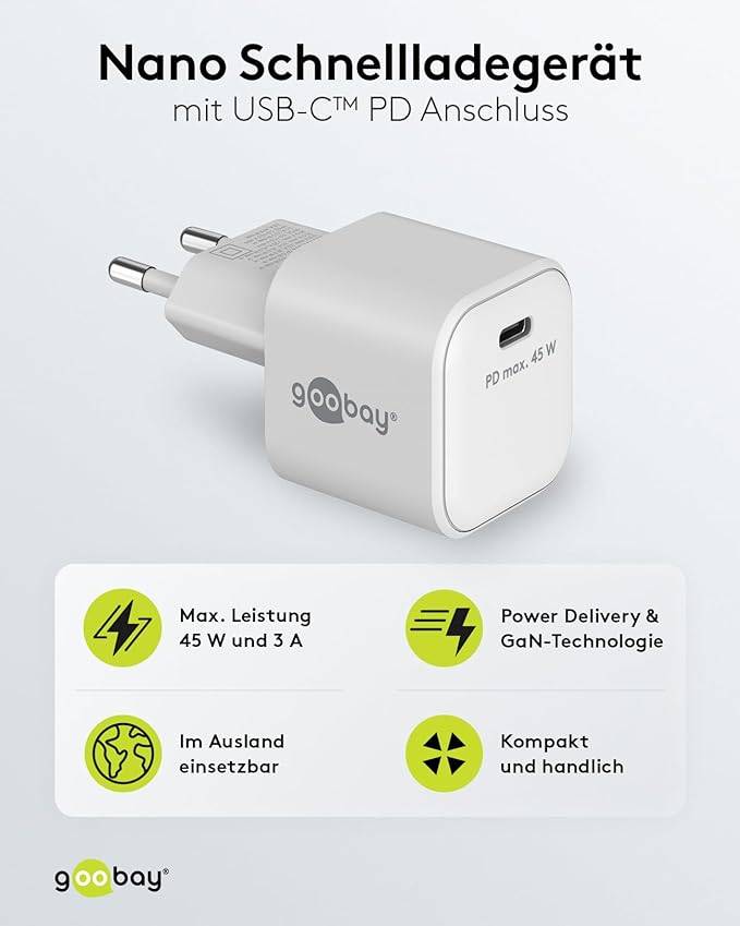 Goobay 65332 Nano USB-C Netzteil 45W / Power Delivery Charger / Universal Ladegerät Handy / USB Typ C Adapter / Weiß-1