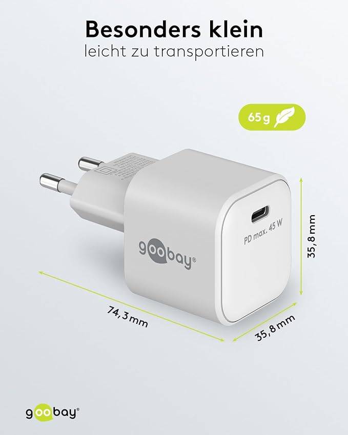 Goobay 65332 Nano USB-C Netzteil 45W / Power Delivery Charger / Universal Ladegerät Handy / USB Typ C Adapter / Weiß-2