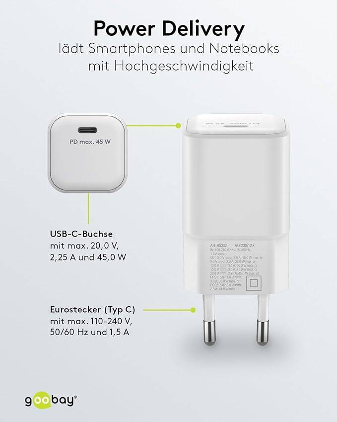 Goobay 65332 Nano USB-C Netzteil 45W / Power Delivery Charger / Universal Ladegerät Handy / USB Typ C Adapter / Weiß-3