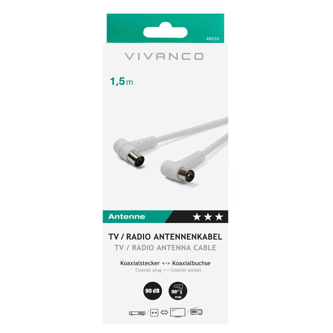 Vivanco Antennen Anschlusskabel [1x Antennenstecker 75 Ω - 1x Antennenbuchse 75 Ω] 1.50 m 90 dB Weiß-3