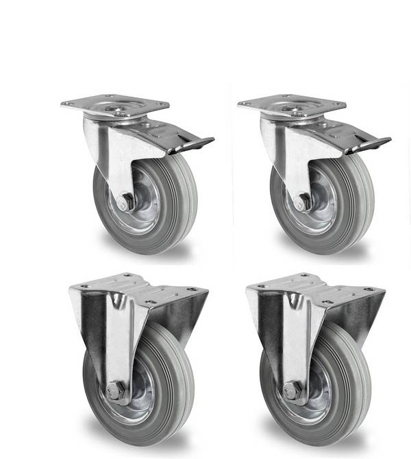Rollensatz 2 Lenkrollen mit Feststeller + 2 Bockrollen 160 mm Vollgummi grau mit Stahlfelge