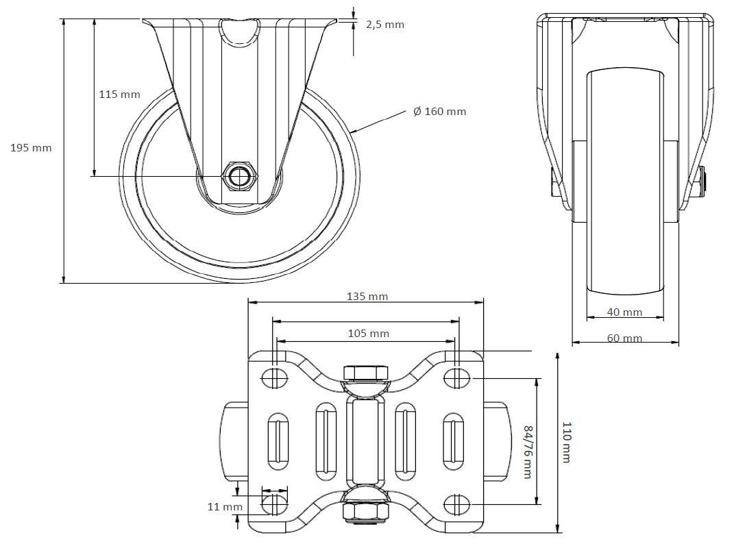 Rollensatz 2 Lenkrollen mit Feststeller + 2 Bockrollen 160 mm Vollgummi grau mit Stahlfelge-4