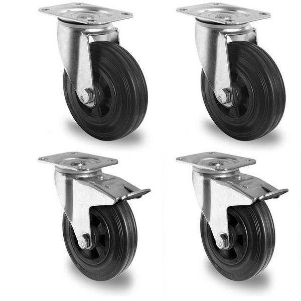 Rollensatz 2 Lenkrollen mit Feststeller + 2 Lenkrollen 200 mm Vollgummi schwarz